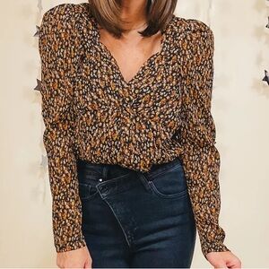 NWT Anthropologie Semi-Sheer Long Sleeve Brown Floral V-neck Babydoll Top Medium